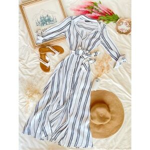 Zara Ivory White Navy Striped Maxi Shirt Dress Coastal Boho Sz S